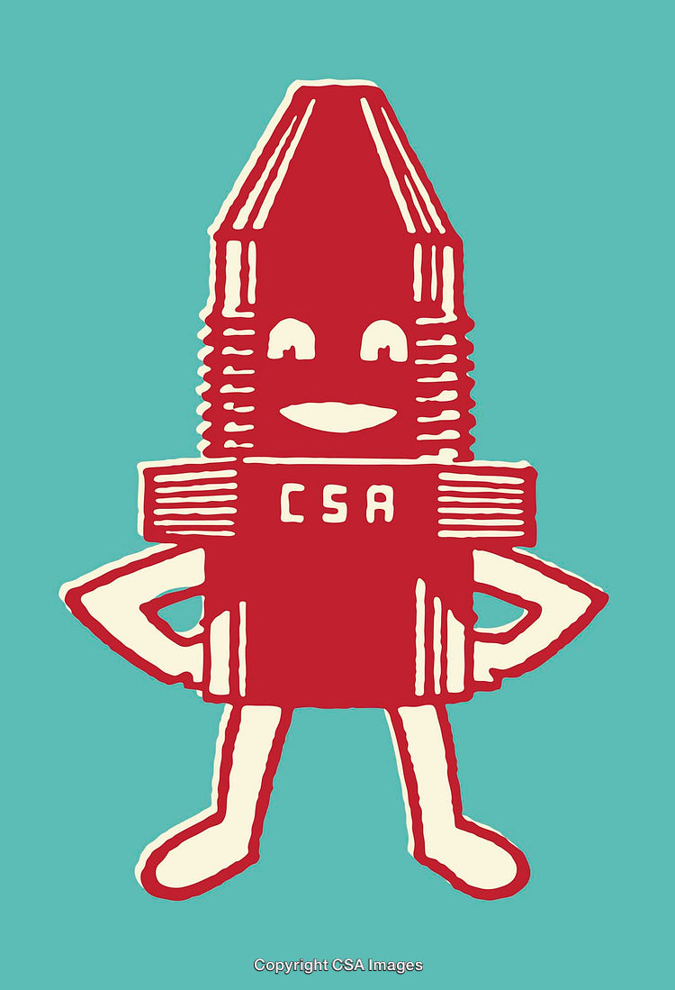 Red Cartoon Character Illustration with CSA Text on Teal Background