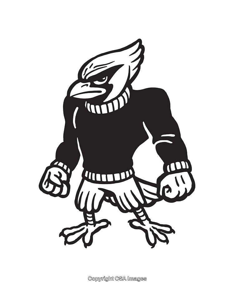 Stylized Black and White Line Art of a Determined Bird Mascot