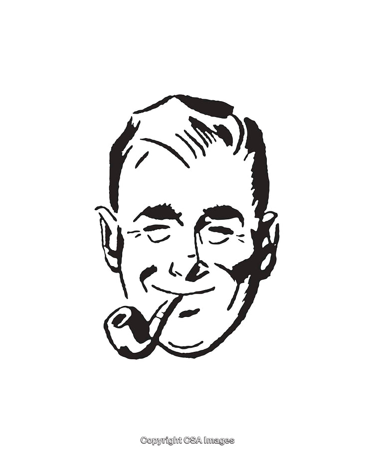 Retro Black and White Art of Smiling Man Smoking Pipe