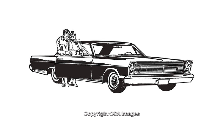 Vintage Couple Admiring Classic Convertible Car In Stylized Line Art