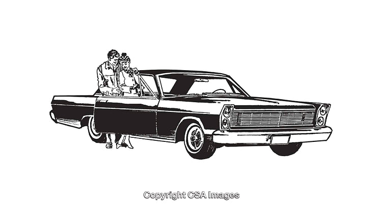 Vintage Couple Admiring Classic Convertible Car In Stylized Line Art