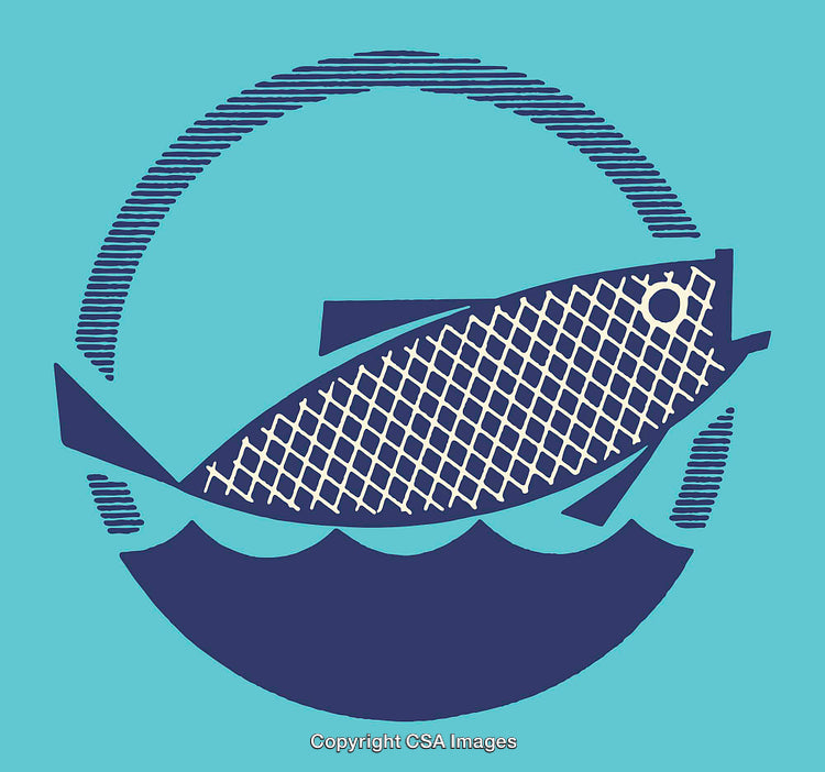 Abstract Blue Fish Illustration in Circle Design on Aqua Background