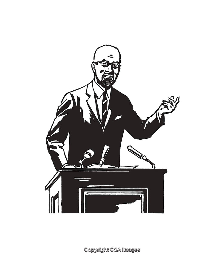 Black and White Illustration of a Speaker Addressing an Audience at a Podium