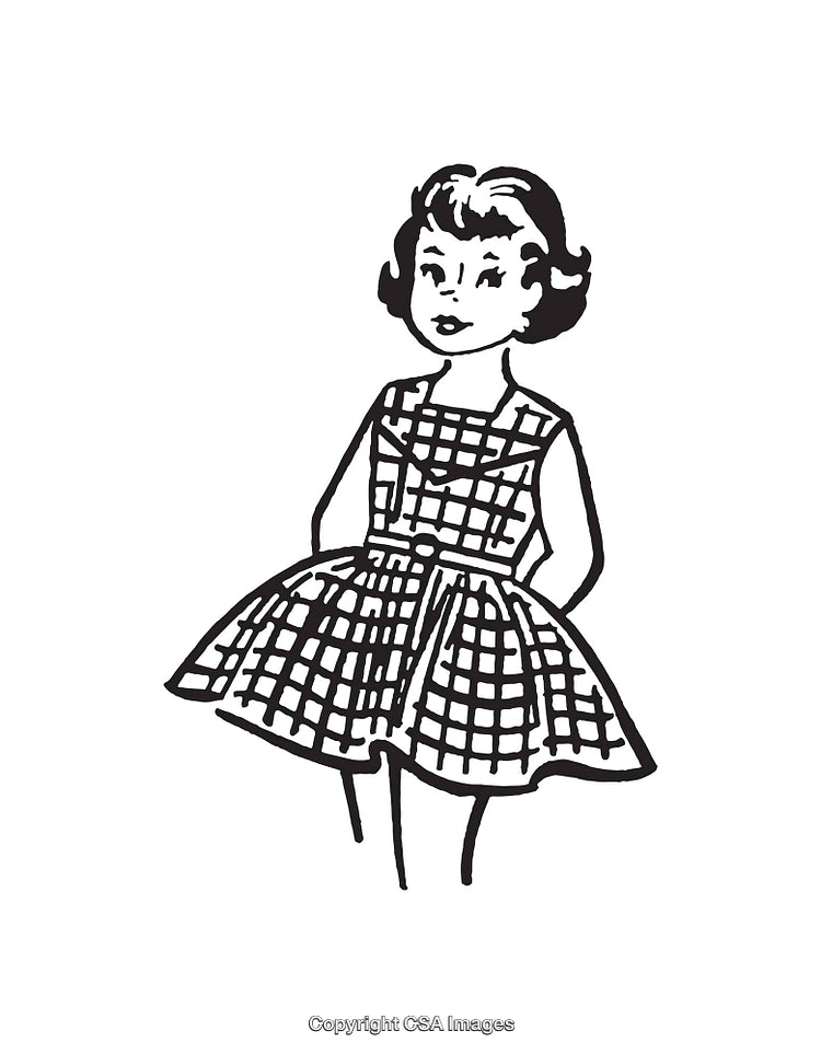 Retro Line Art Illustration of a Girl in a Checkered Dress