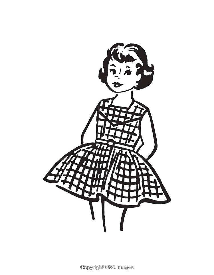 Retro Line Art Illustration of a Girl in a Checkered Dress