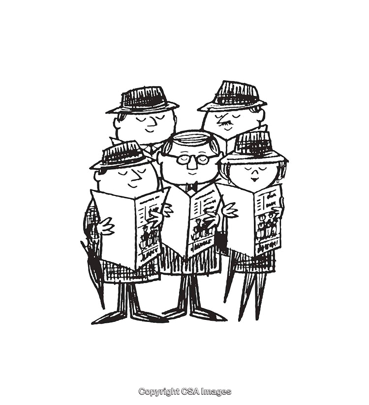 Black and White Illustration of People Reading Newspapers Together