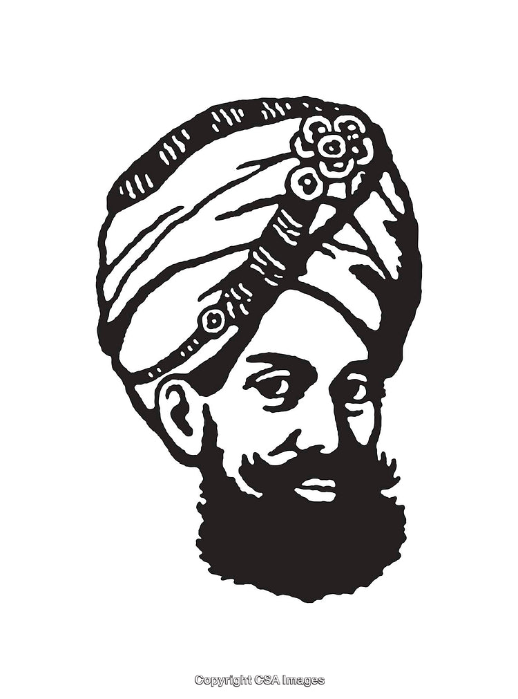 Black and White Line Art Illustration of a Man in Traditional Turban