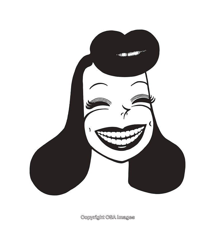 Black and White Line Art of a Cheerful Woman Smiling Brightly
