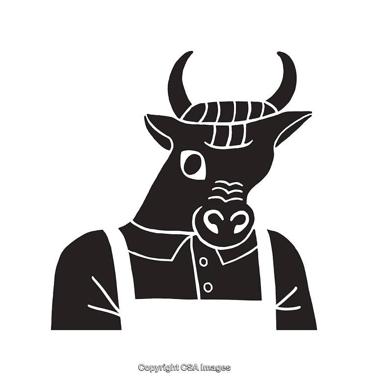 Stylized Black and White Bull Illustration Wearing a Shirt and Overalls