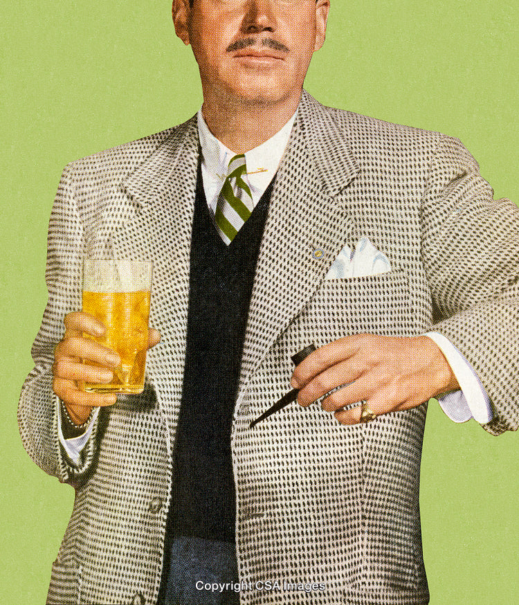 Retro Portrait of Man Holding Beer and Pipe in Classic Attire