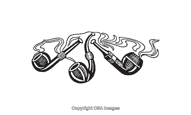 Detailed Black and White Illustration of Smoking Pipes With Rising Smoke