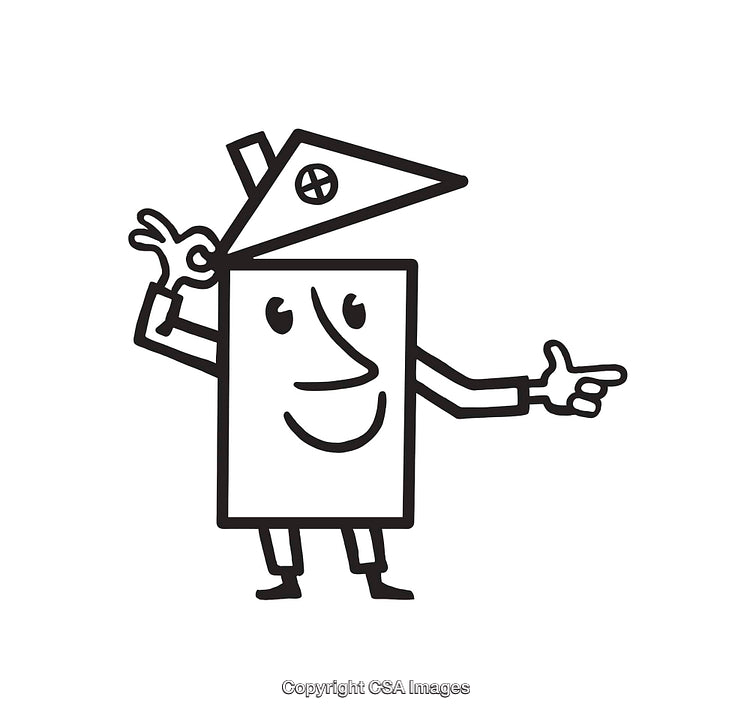 Black And White Line Art Illustration of a Cheerful Cartoon House Character