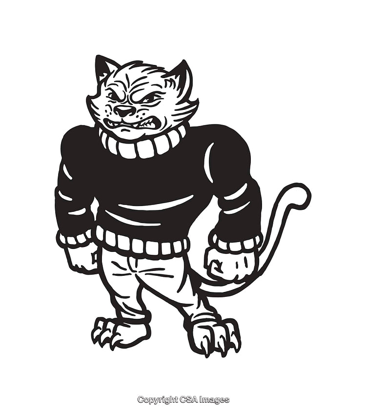 Black and White Illustration of a Tough Cat Anthropomorphic Character