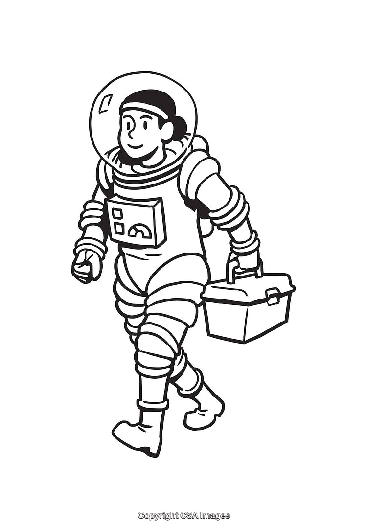 Astronaut Carrying Toolbox in Black and White Line Art Illustration