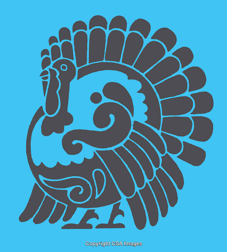 Aztec Style Turkey Art on Bright Blue Background