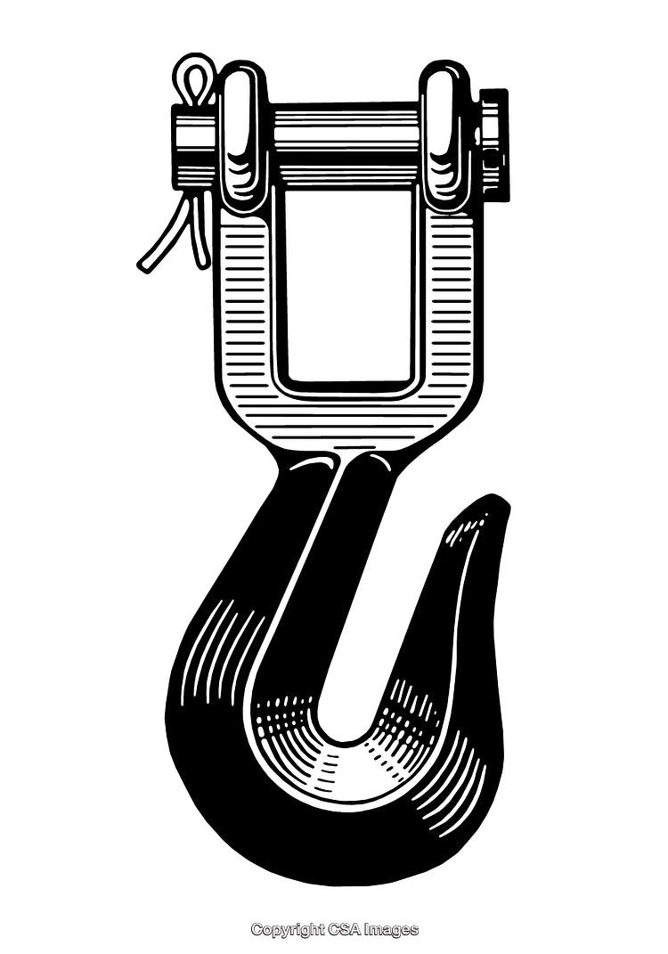 Detailed Black And White Engraving of a Steel Lifting Hook