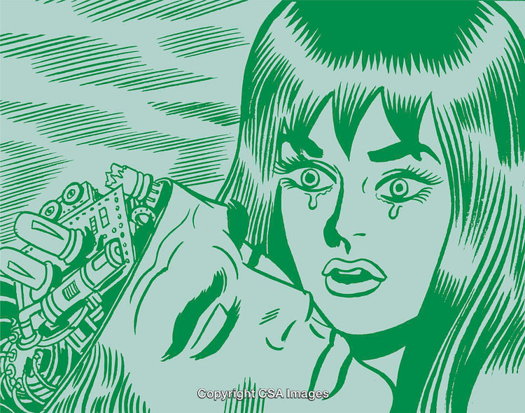 Retro Green Illustration of Emotional Woman and Robot in Futuristic Scene