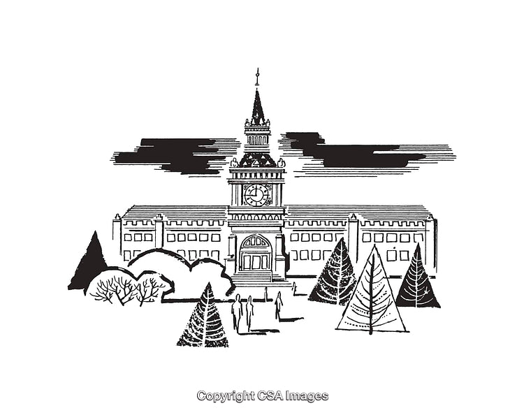 Historic Clock Tower Surrounded by Trees in Black and White Illustration