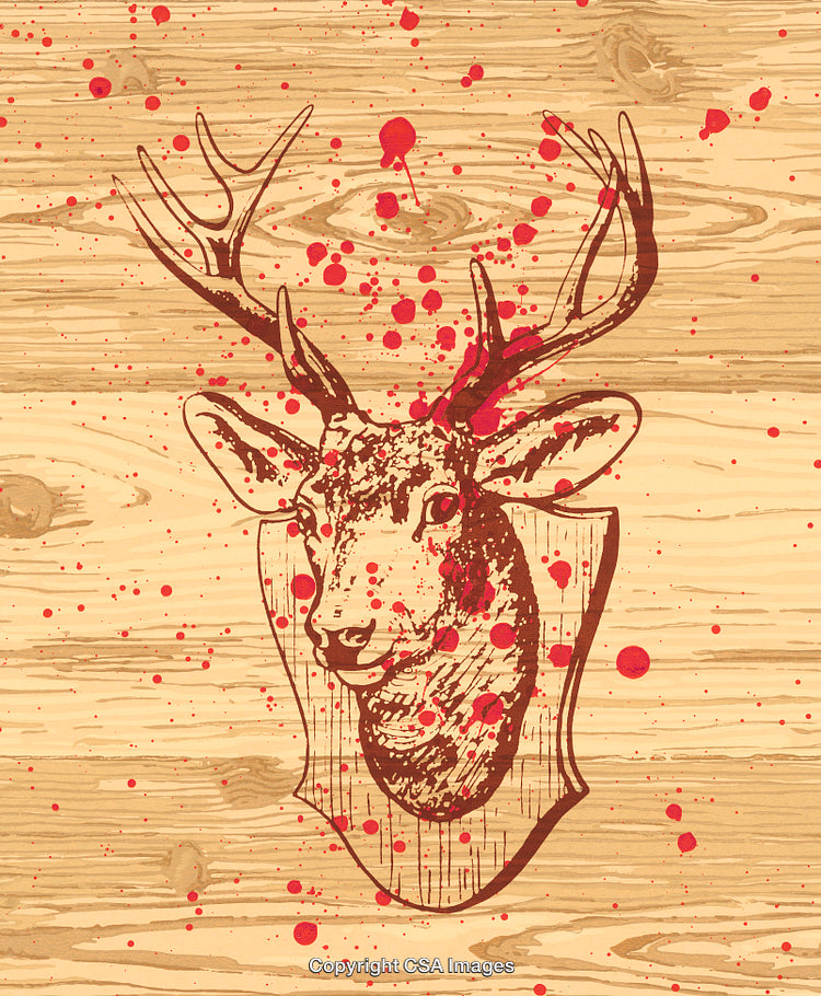 Rustic Deer Illustration with Abstract Blood Splatter on Wooden Texture Background