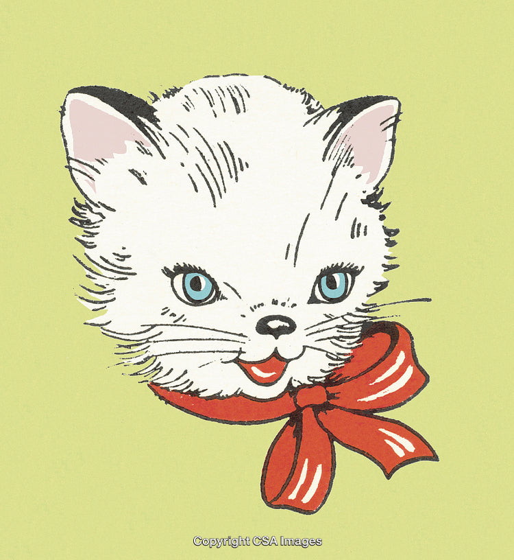 Vintage Illustration of a Happy Kitten Wearing a Red Bow on Green Background
