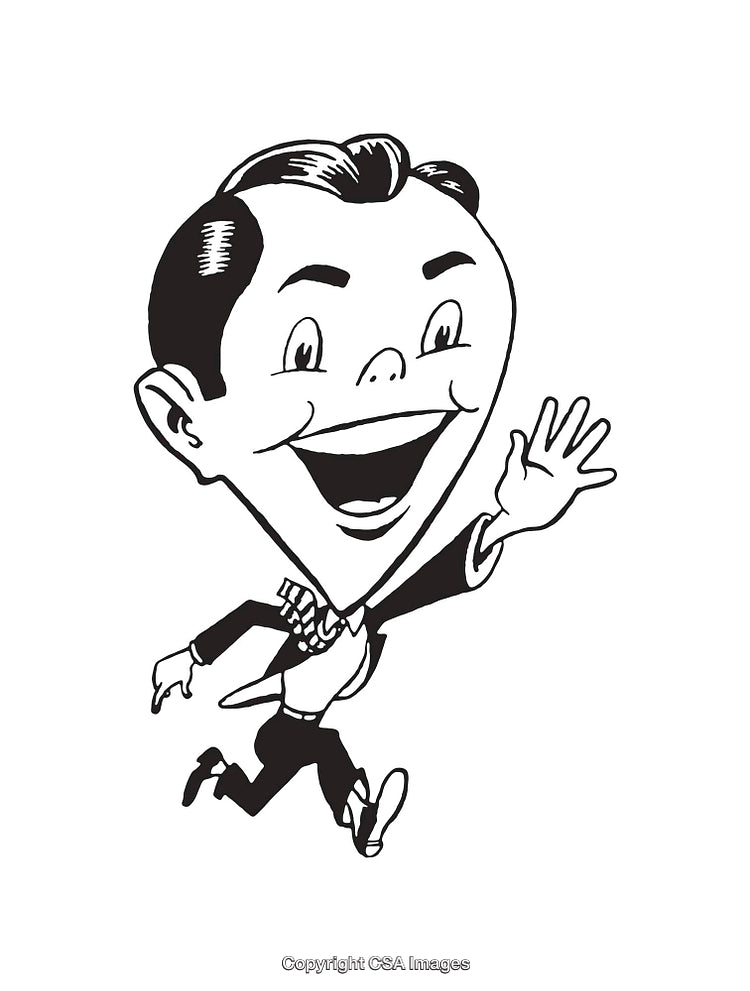 Black and White Illustration of a Happy Character in a Cheerful Pose