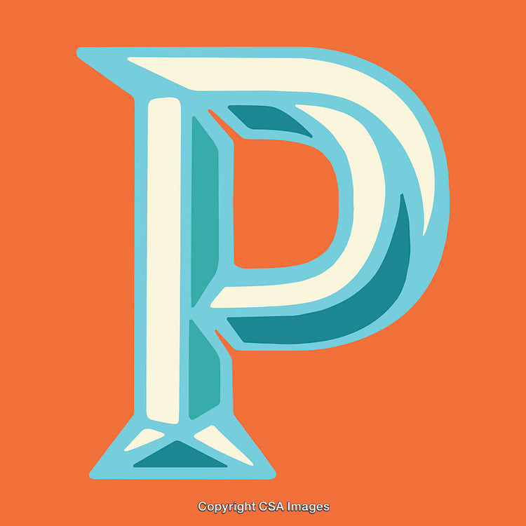 Stylized Letter P with Bold Colors and Geometric Design on Orange Background