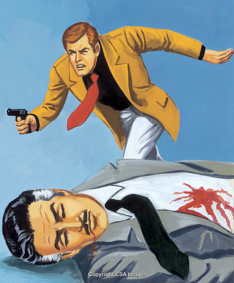 Classic Detective Illustration Featuring Dramatic Action Scene and Intense Tension