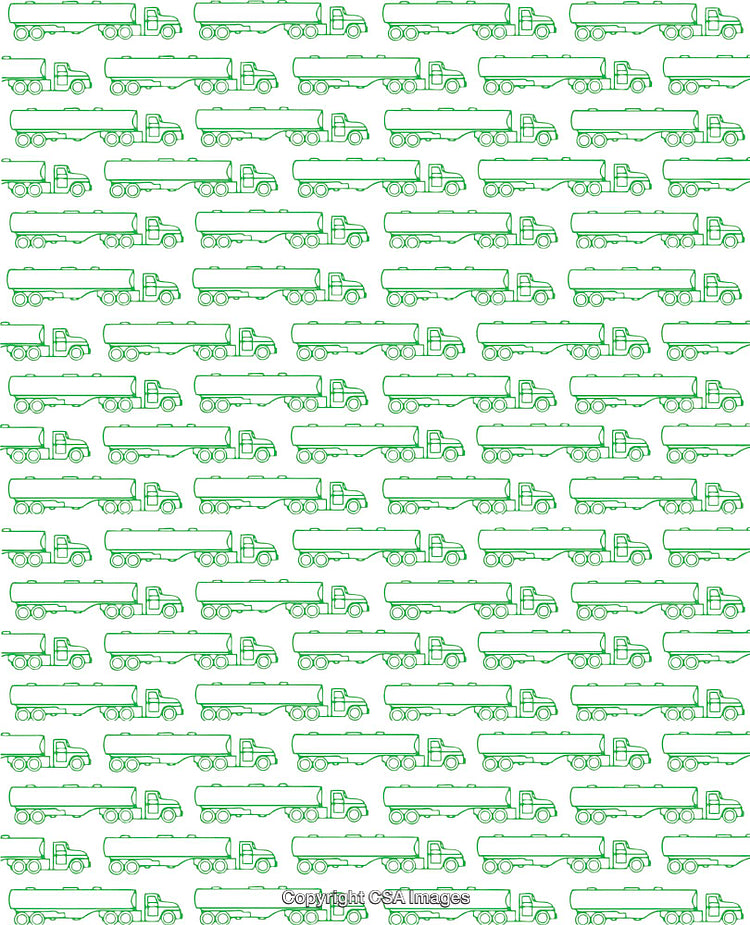 Green Line Art Pattern Featuring a Tanker Semi-Truck Repeated Across a White Background
