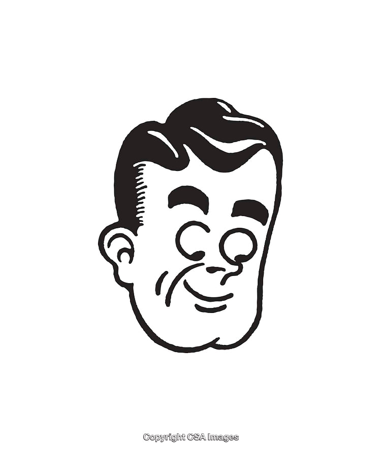 Vintage Black and White Line Art Illustration of a Smiling Man's Face