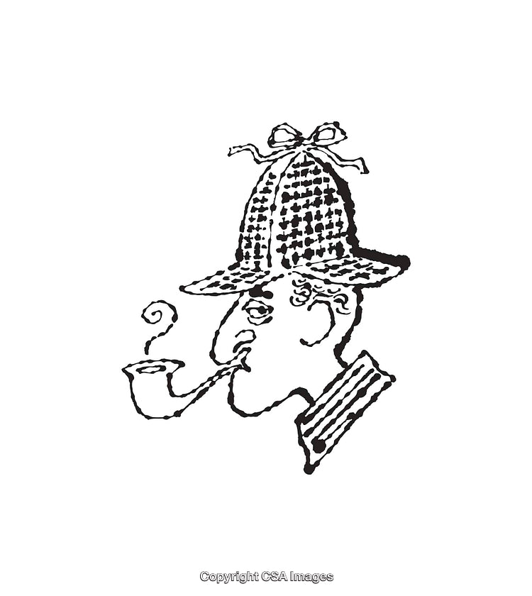 Black and White Line Art Illustration of a Detective with Pipe