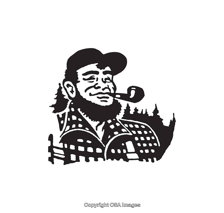 Black and White Lumberjack Illustration with Pipe and Forest Background