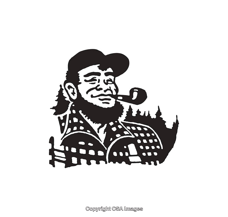 Black and White Lumberjack Illustration with Pipe and Forest Background