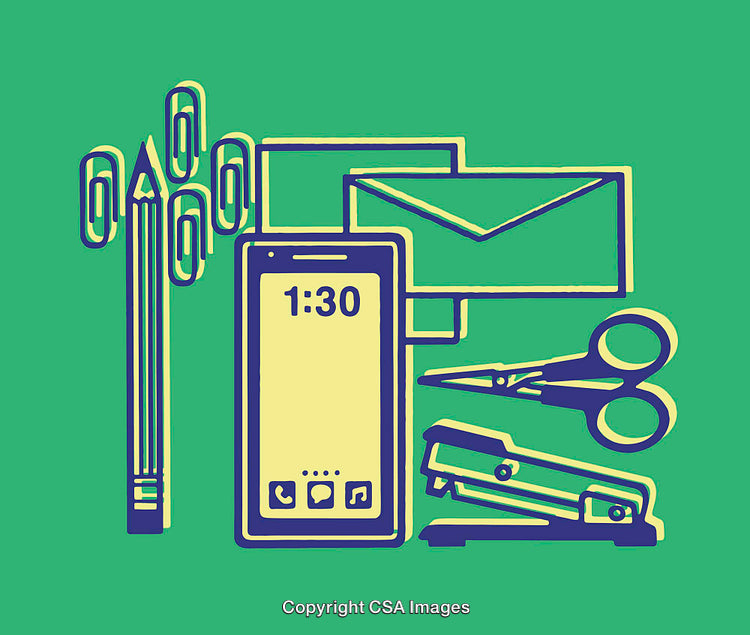 Colorful Line Art of Office Supplies and Technology on Green Background