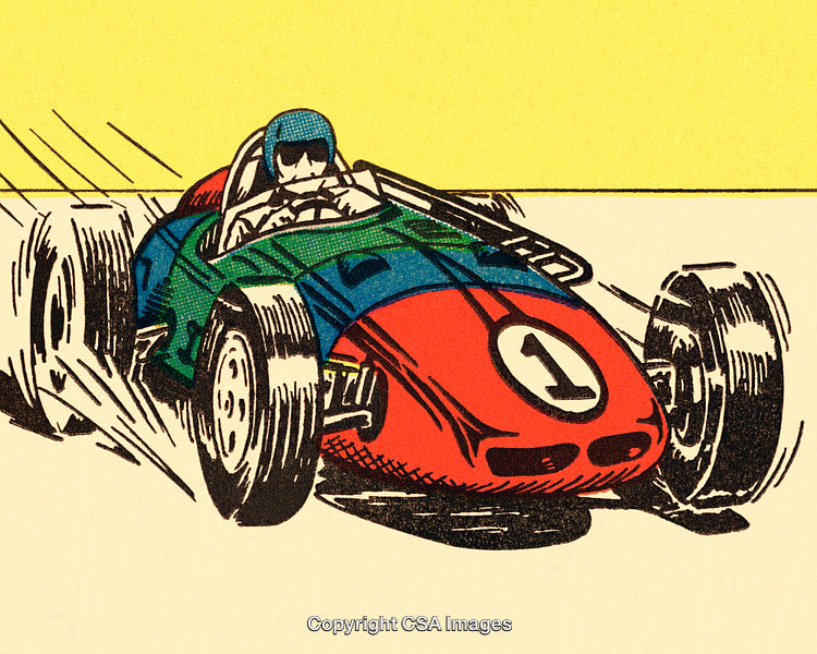 Retro Illustration of Racing Car with Driver on Yellow Background