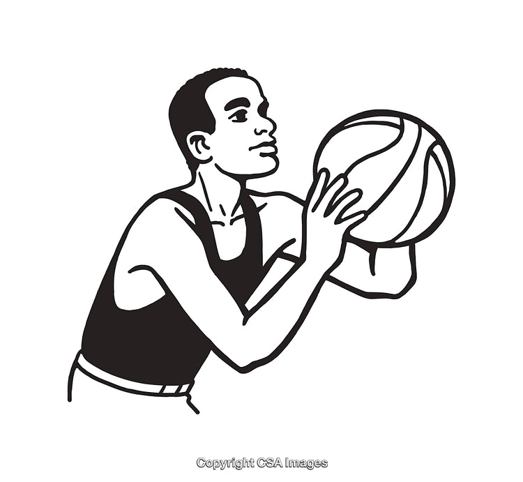 Black and White Illustration of a Basketball Player Aiming for a Shot