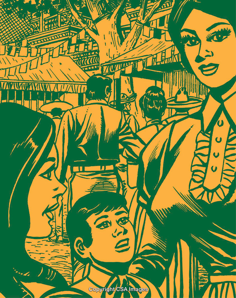 Vintage Illustration of Family at Outdoor Market Stall in Bold Green and Yellow