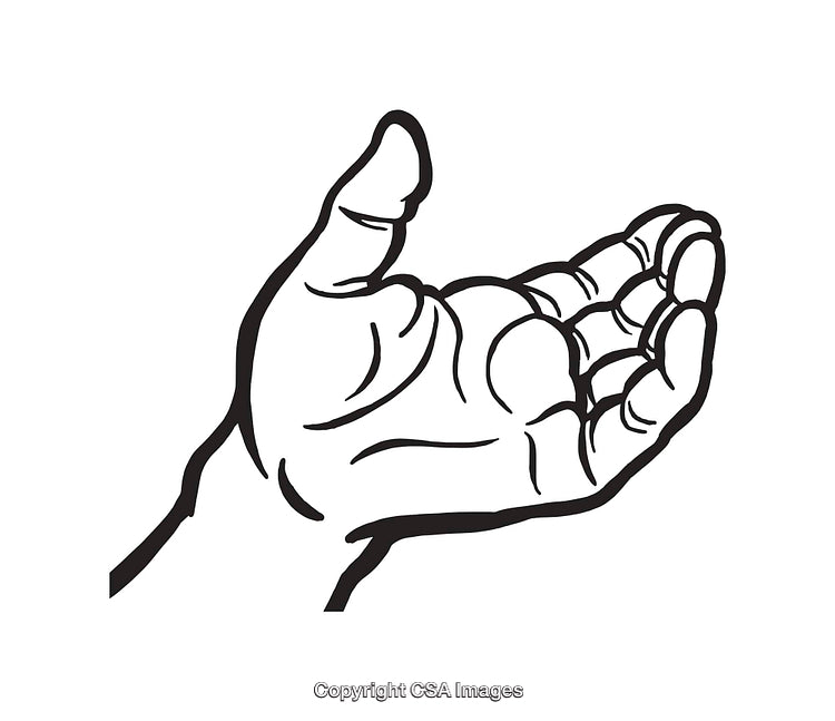 Black And White Line Art Illustration of an Open Palm Hand Desiring Assistance