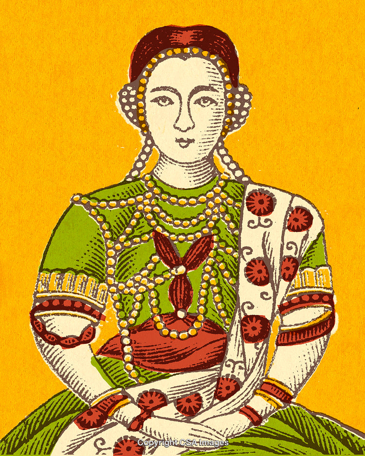 Traditional Folk Art Depicting a Woman in Cultural Dress on Yellow Background