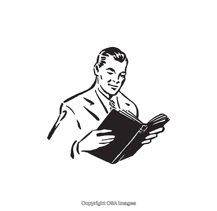 Vintage Black and White Illustration of a Man Reading a Book