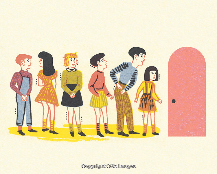 People Standing in Line Near a Door in Retro Illustration Style