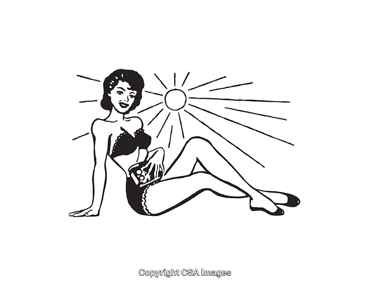 Retro Style Pin-Up Woman Relaxing in Sun-Themed Black and White Illustration