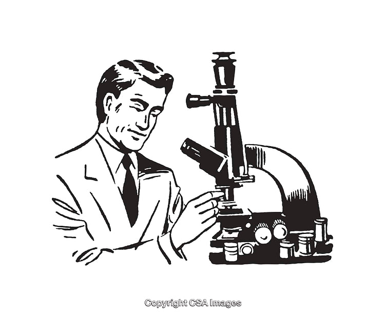 Retro Scientist Working with Microscope in Black and White Illustration