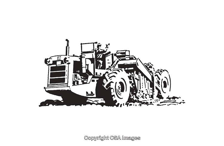 Black and White Illustration of Heavy Machinery Operating in a Construction Site