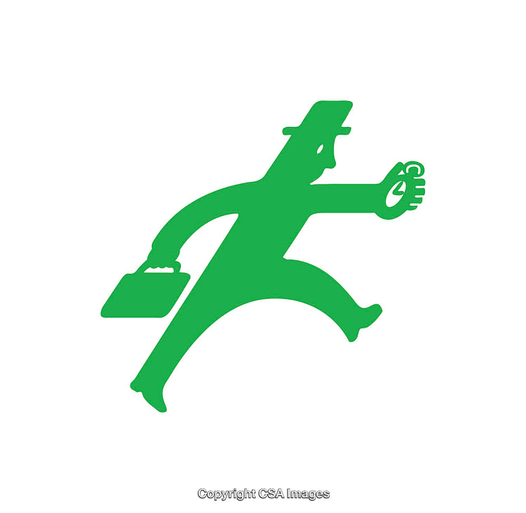 Green Silhouette Businessman Holding Stopwatch Running Icon on White Background