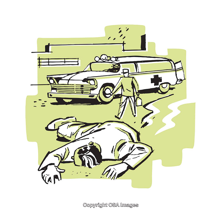 Medical Illustration Featuring Emergency Scene with Ambulance and Caregiver