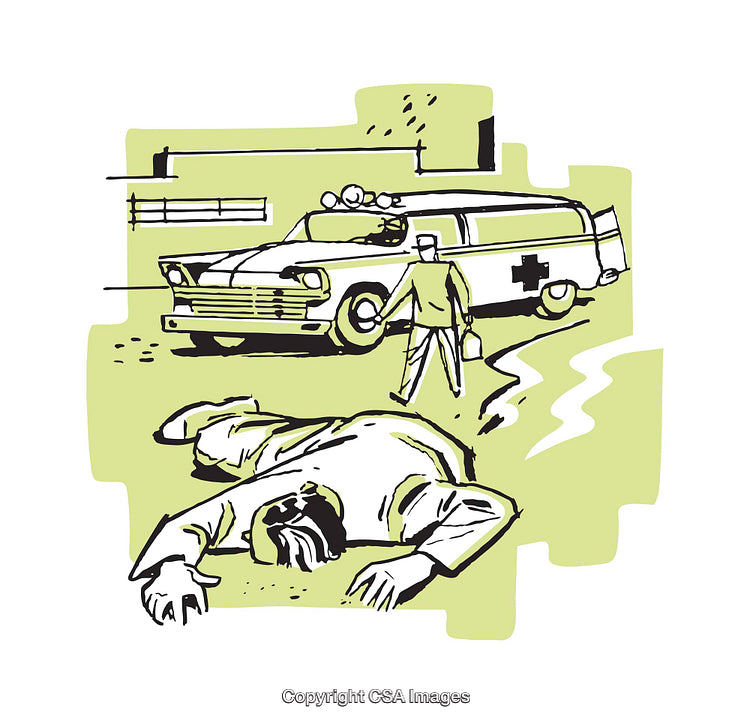 Medical Illustration Featuring Emergency Scene with Ambulance and Caregiver