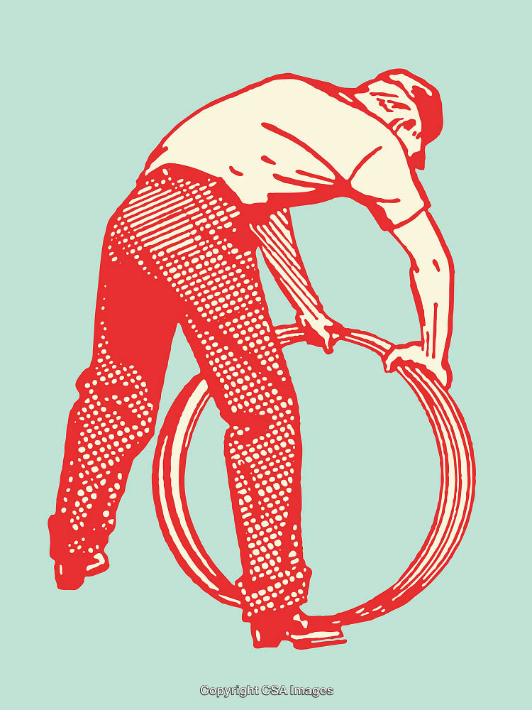 Retro Illustration of a Man Handling a Rolled Cable in Red and Green