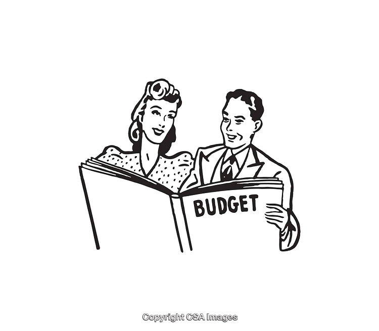 Vintage Line Art of a Couple Reviewing a Budget Document
