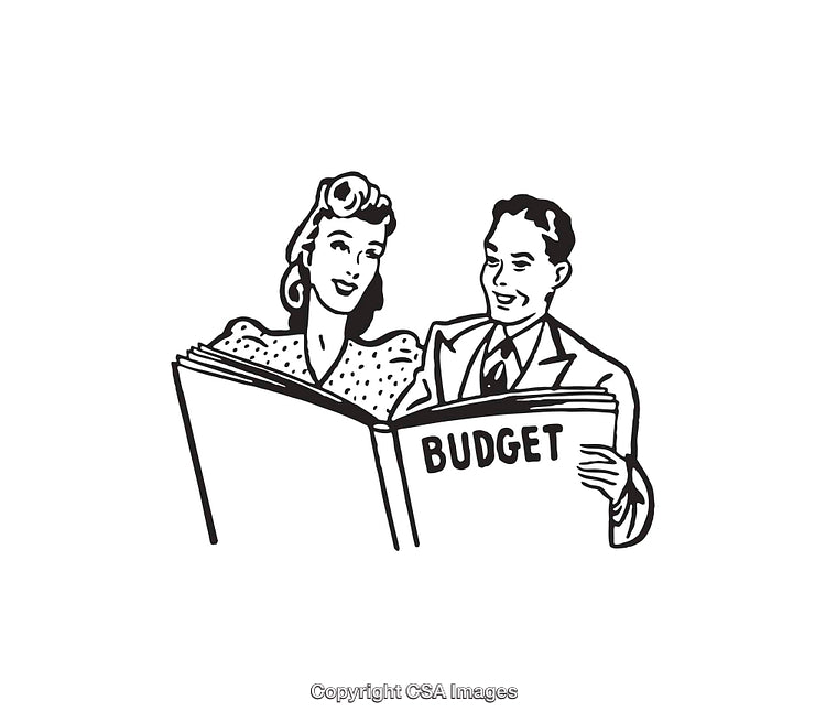 Vintage Line Art of a Couple Reviewing a Budget Document