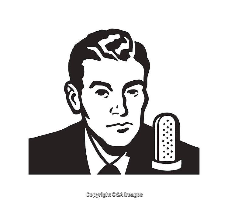 Retro Black and White Illustration of Man Speaking into a Microphone